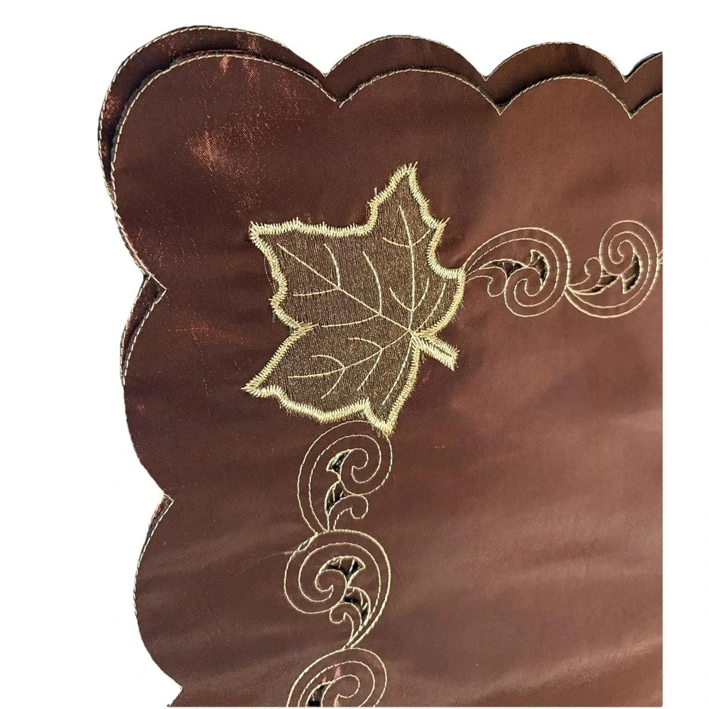 Vtg Bronze Cutwork Fall Leaf Placemats & Napkins w Scalloped Edges Silky Elegant